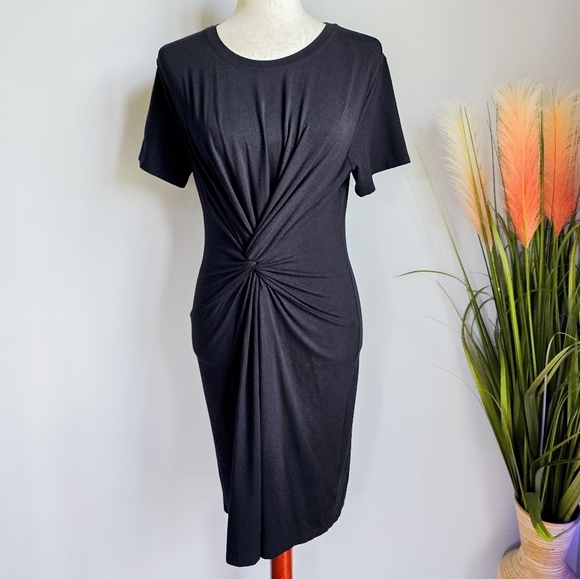 Theory Black Twist Knotted T-Shirt Knit Mini Stretch Dress Womens Size Medium - Picture 2 of 11